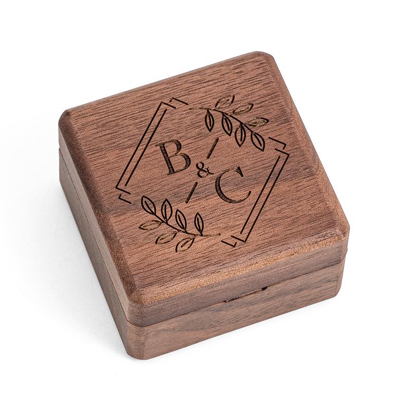 In-Stock Walnut Wood Double Engagement Ring Box - Solid Mini Jewelry Box with Engraved Pattern