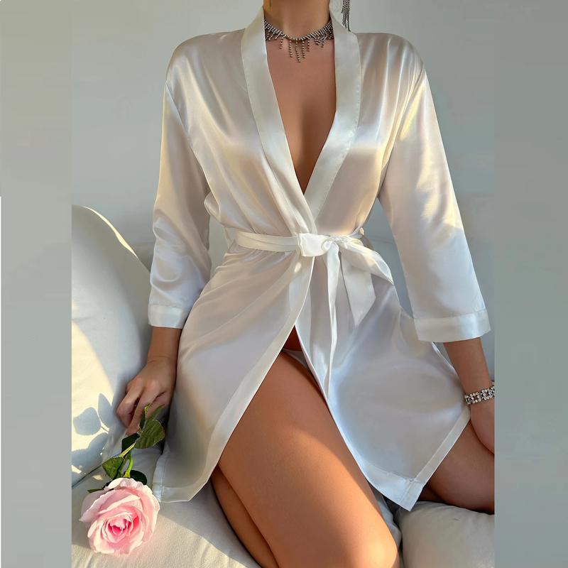 

Пижама Женская Однотонный Сатиновый Ночной Халат С Длинным Рукавом и V-образным Вырезом, Халат с Поясом, Женская Одежда для Сна S белый