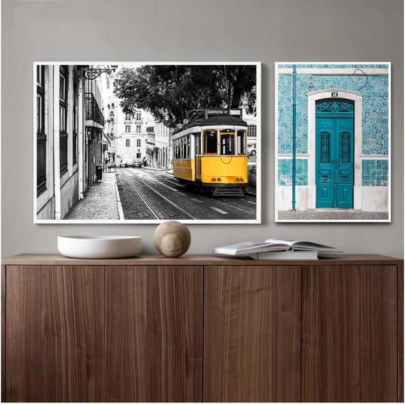 Lisbon Portugal City Map Poster Prints Portuguese Tiles Blue Door Vintage Wall Art Canvas Painting City Photography Home Decor