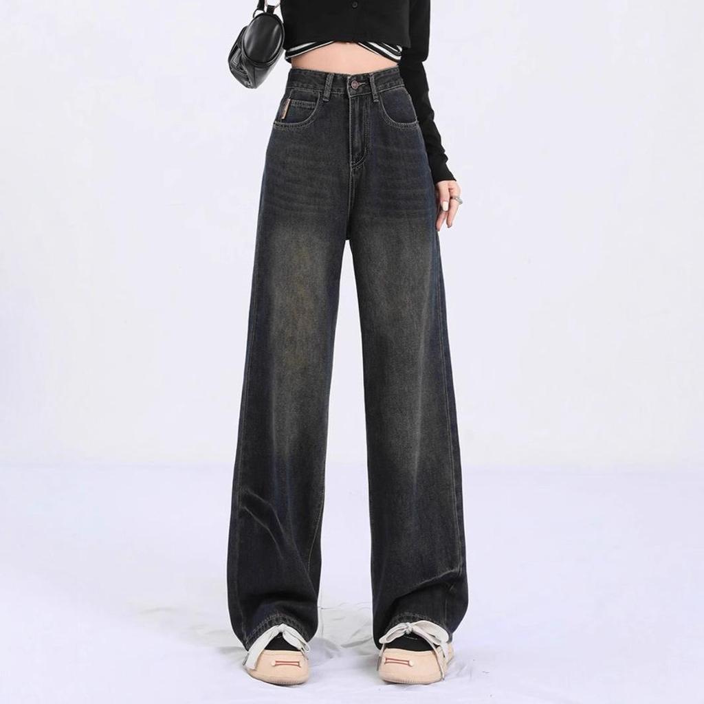Women's Plus Size Retro Wide Leg Washed Jeans with Zipper