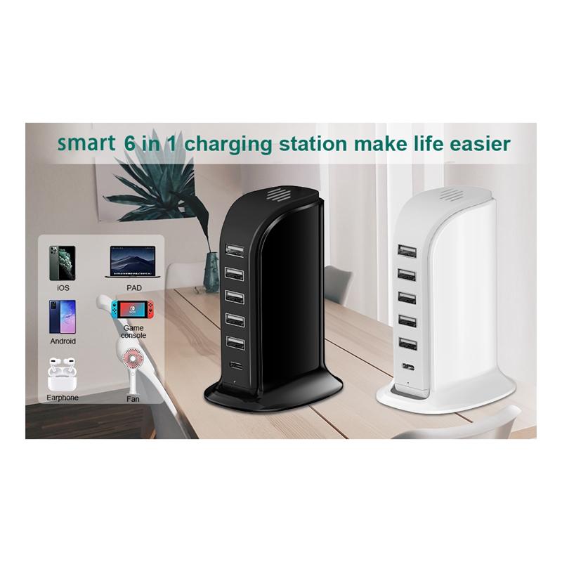 5V4A 20W Smart 6 In 1 USB Multi Port Charger Compatible Different IOS/Android Devices Portable MINI Charger Station