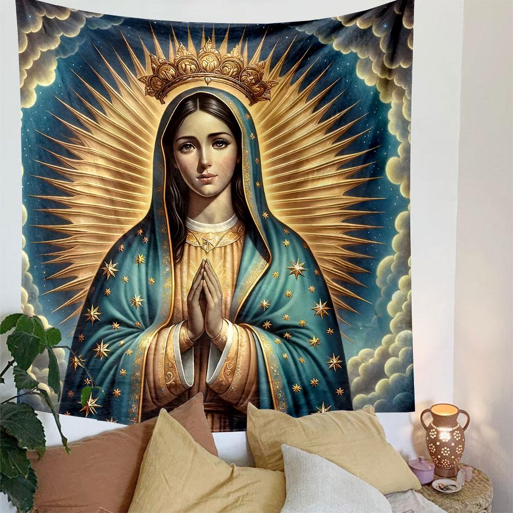 Holy Virgin Mary with Golden Halo Patterned Tapestry Decorative Wall Hanging, Home Bedroom Living Room Decor