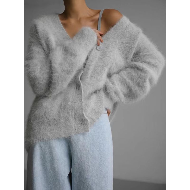 

Модный свободный вязаный кардиган-свитер, свитер с длинным рукавом и V-образным вырезом, пальто-кардиган, свитер с V-образным вырезом Light gray M