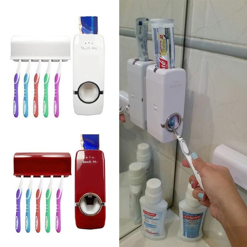 Automatic Toothpaste Dispenser And Toothbrush Holder Plastic Bathroom Organizer