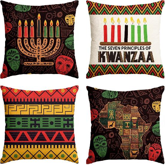 AVOIN colorlife Seven Principles of Kwanzaa Candlestick Throw Pillow Covers 18x18 Set of 4, Seasonal Holiday Blacks Unity n n Home Party Cushion Case