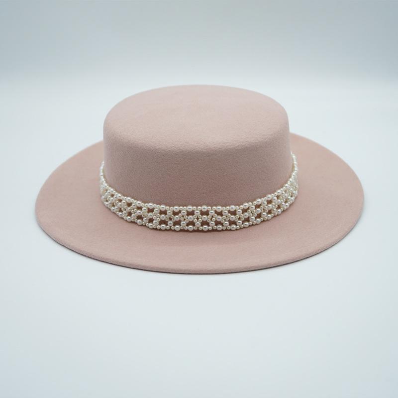 Розовая Шерстяная Плоская Шляпа-Цилиндр Женская Осень и Зима Французский Ретро Светская Элегантная Британская Широкополая Короткополая Шляпа из Войлока M（56-58cm）