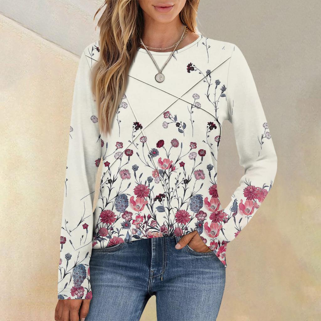 Damenmode Langarm Rundhals Lässiges Plissee Floral bedrucktes Lockeres Oberteil
