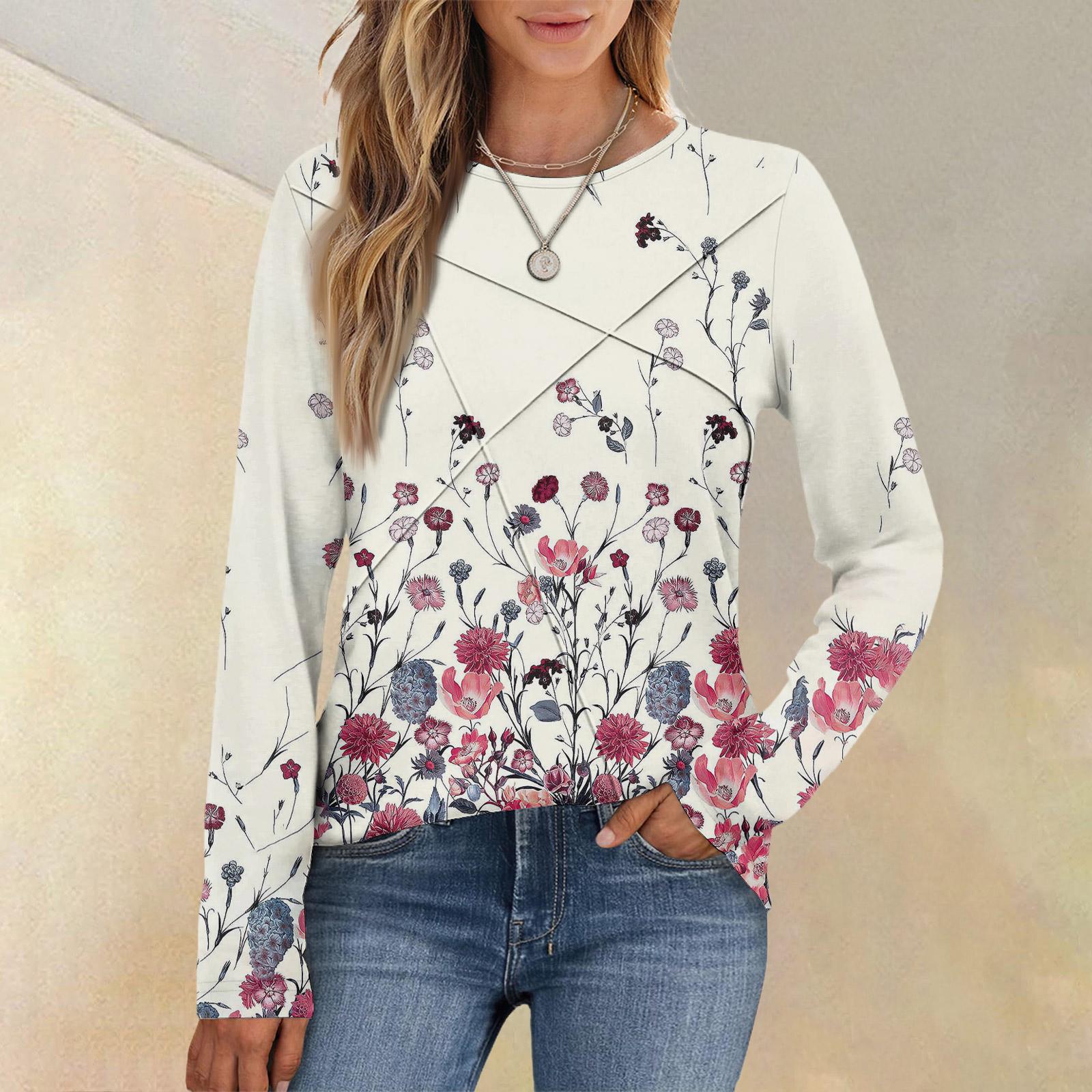 

Модная женская блузка с длинным рукавом, круглым вырезом, повседневная, плиссированная, с цветочным принтом, свободного кроя XL белый