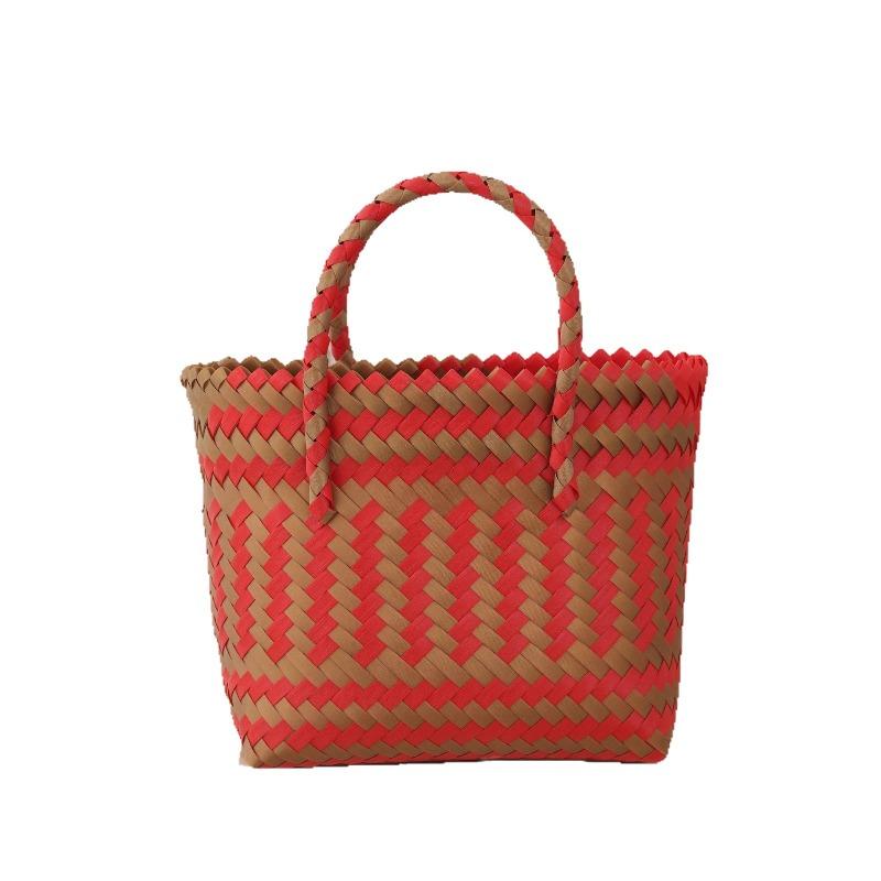 New Red and Gold Woven Handbag Xipu Gift Bag Mid-Autumn Festival Gift Plastic Woven Small Basket Beach Bag