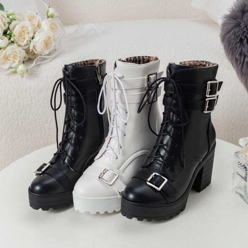 Lace Up Sexy Women Ankle Boots Spring Autumn Fashion Platform Punk High Heels Black White Autumn Rubber Shoes Female Botas Mujer