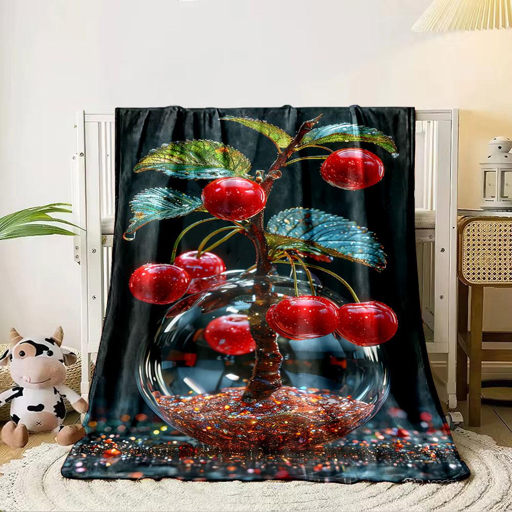 A vibrant glass tree with red cherries, glittering leaves, and soil. for all seasons blanket lunch break throw gift 80cm x 120cm