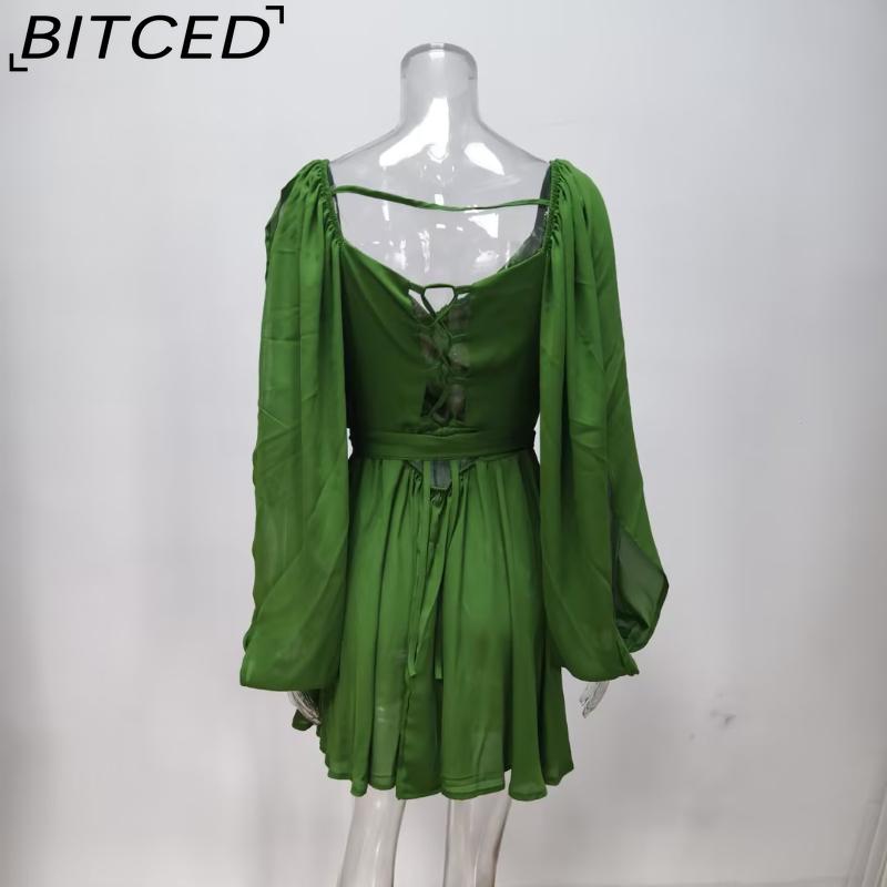 BITCED Spring Women's Solid-Color Elegant Casual Long-Sleeve Tie-Back Slim-Fit Short Dress