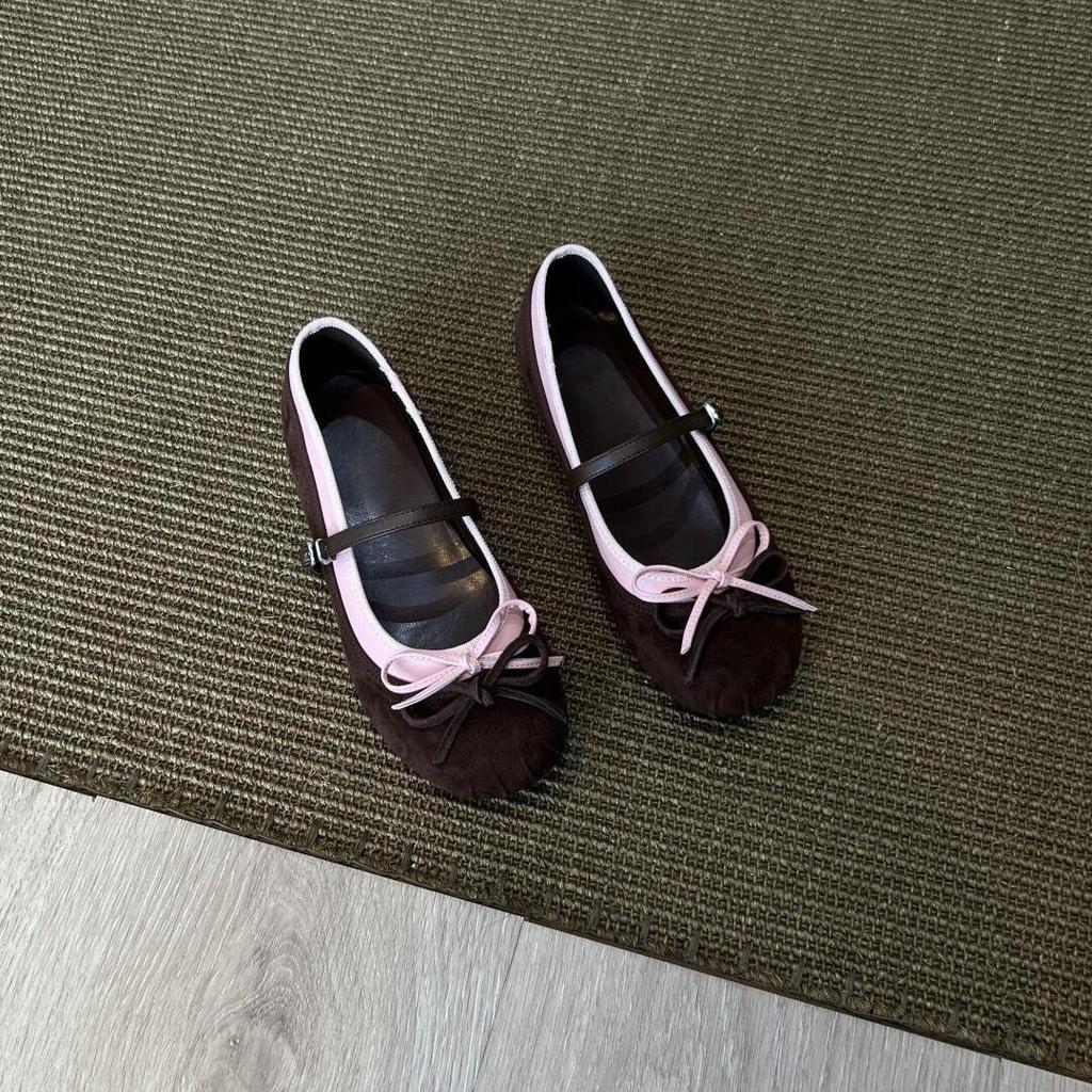Sheepskin version~ niche leather French retro style round head with bow light mouth ballet style color matching shoes