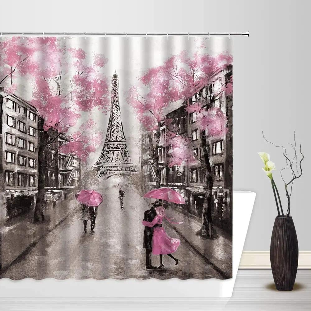 Vintage Paris City Scenery Shower Curtain Tower Pink Rose Flower Painting Spring Bathroom Decor Waterproof Screen With Hooks