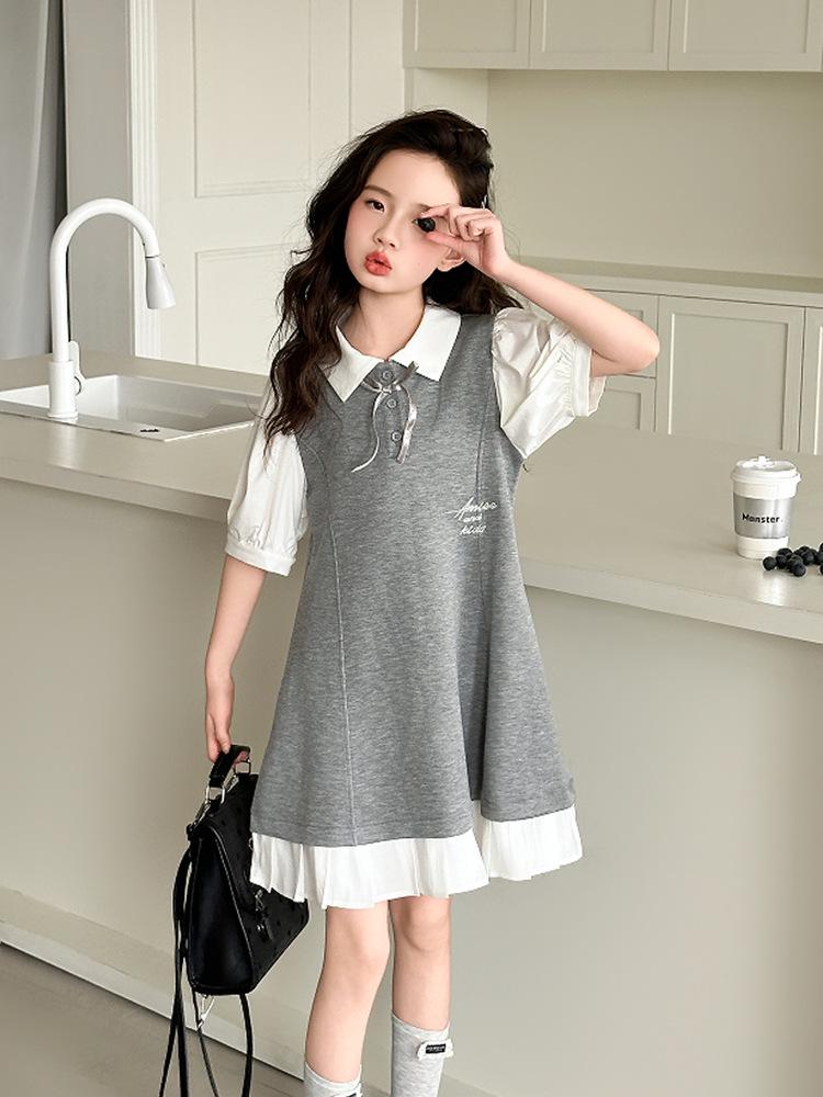 Summer 2026 Girls' Academy Polo Collar Dress - Mid-Length Short Sleeve Princess Style