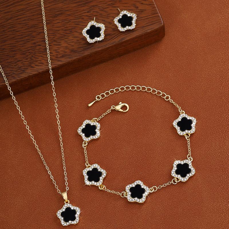 Diamond Studded Five Petal Flower Earring Necklace Complete Set of Jewelry Versatile and Fashionable Five Leaf Flower