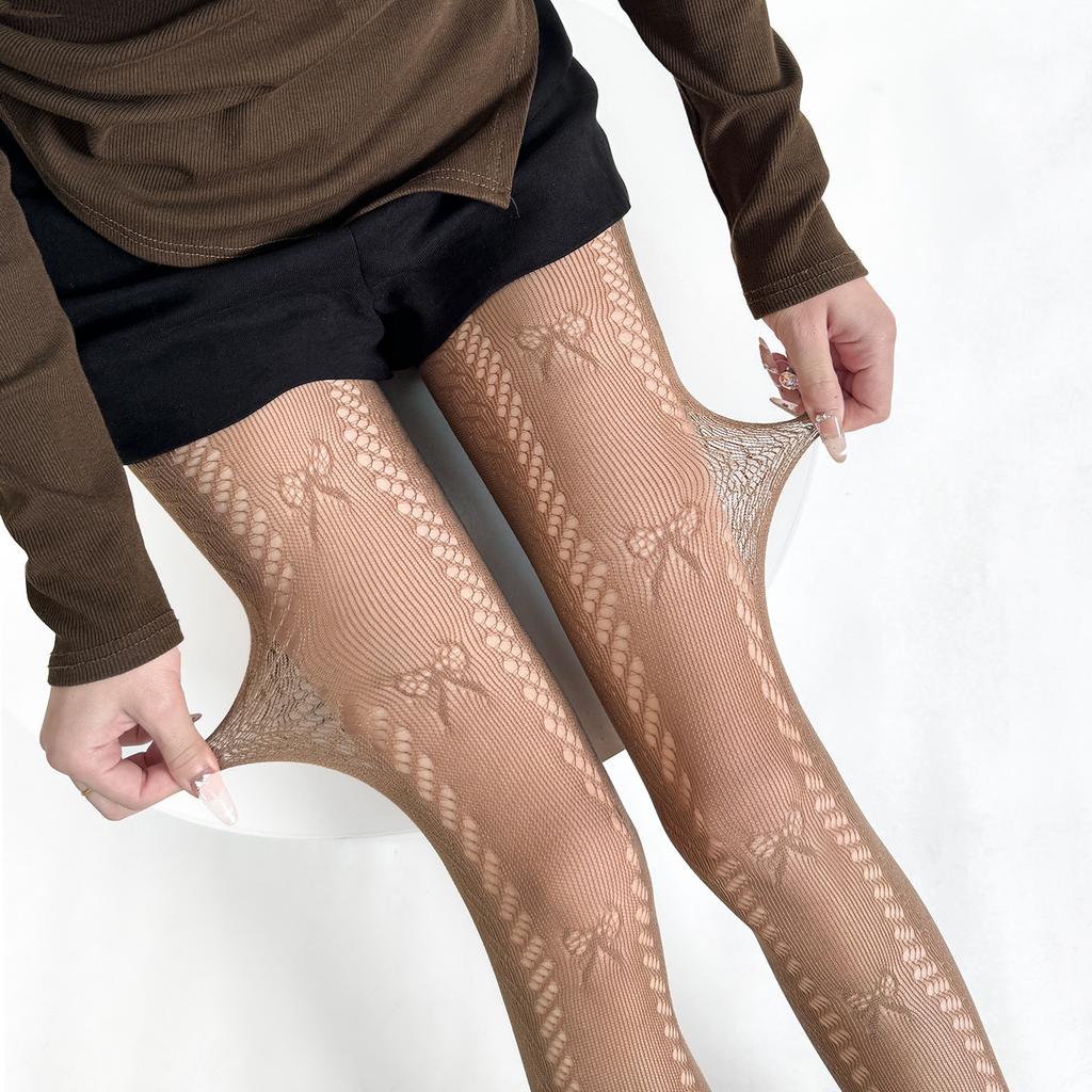 Korean Fashion Lace Jacquard Bow Tights for Girl Cute Summer Thin Hollow Breathable Pantyhose Sweet Elastic Embroidery Bow Sock