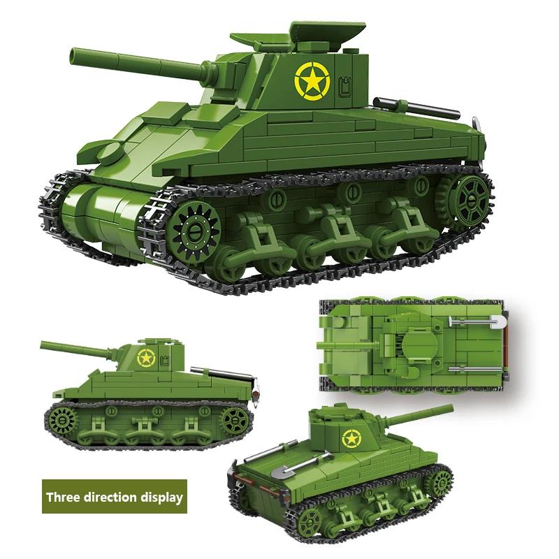 US Army Military World War WW2 M4 Sherman 75 Medium Tank Building Blocks Stuart Tank Bricks Educational Toys for Kids Gift
