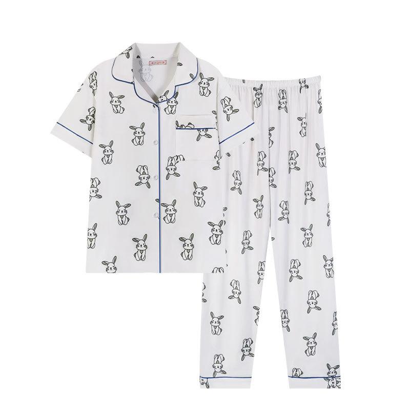Pajamas Female Cartoon Full Of Printed Rabbit Short-Sleeved Trousers Lazy House Summer Cardigan Loungewear Can Be Worn Outside