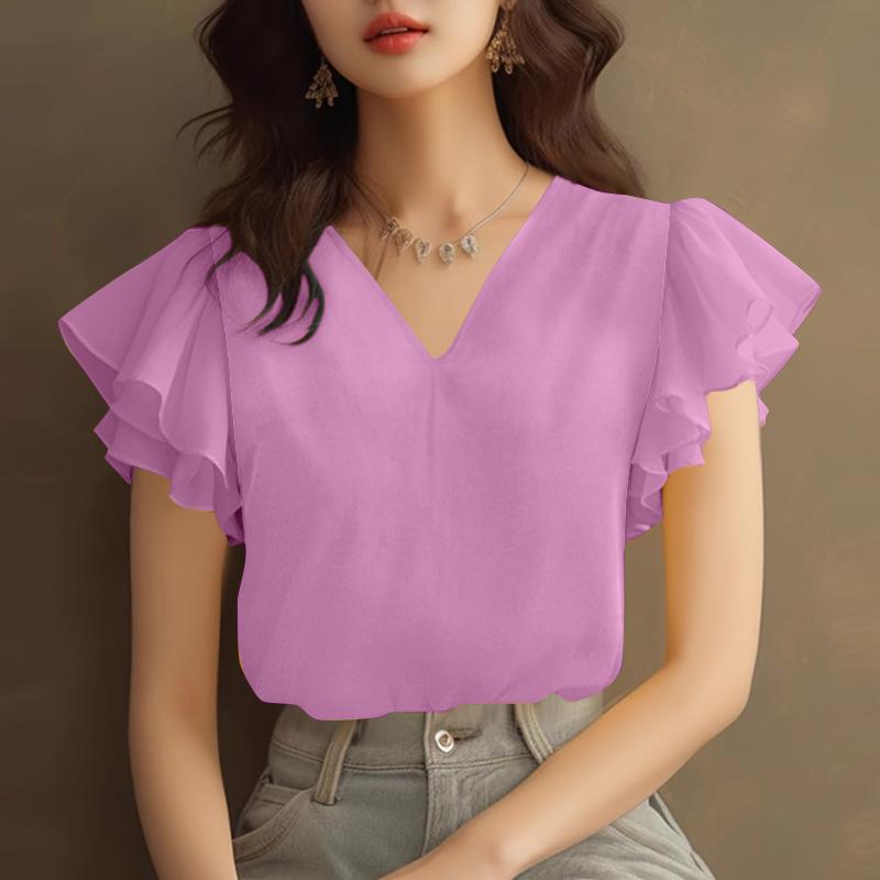 

ZANZEA Женская повседневная летняя блузка с коротким рукавом и V-образным вырезом и оборками XL фиолетовый