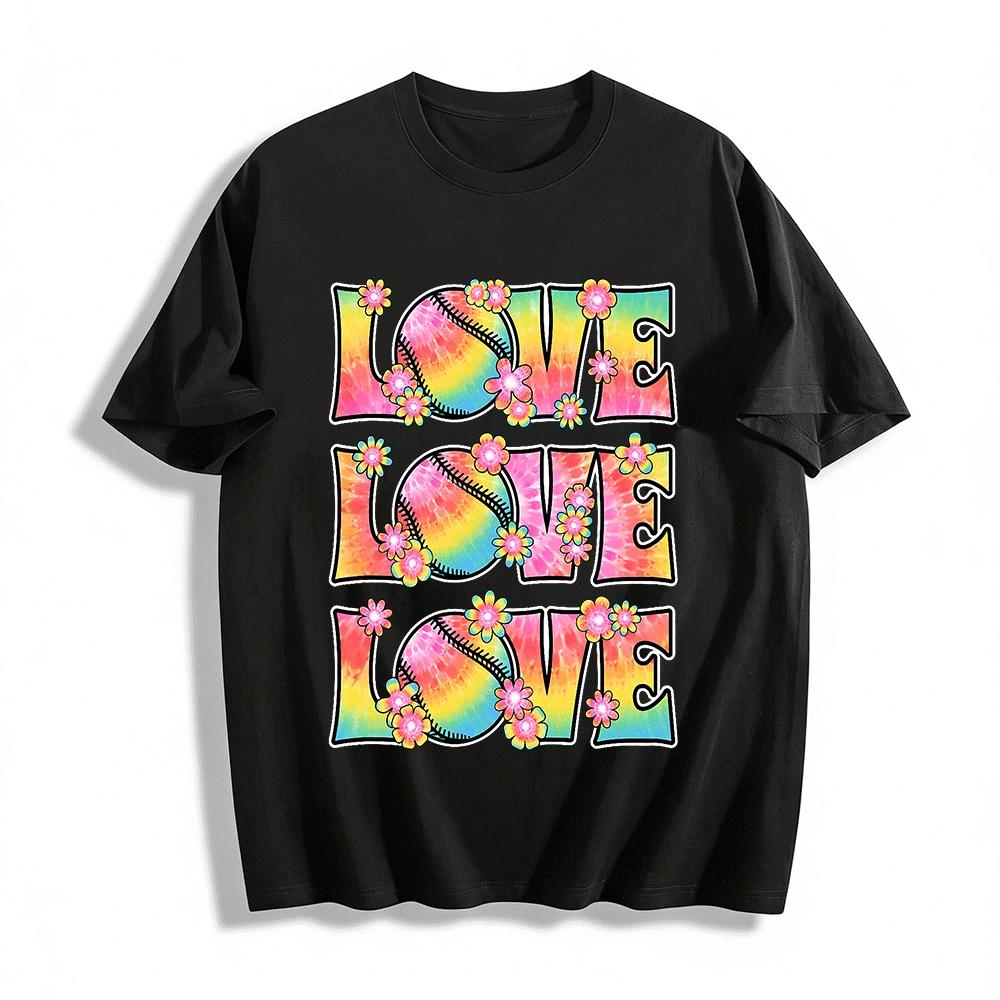 

Tie Dye Baseball Flower LOVE Print Casual Short Sleeve Top Pure cotton T-shirt XXS