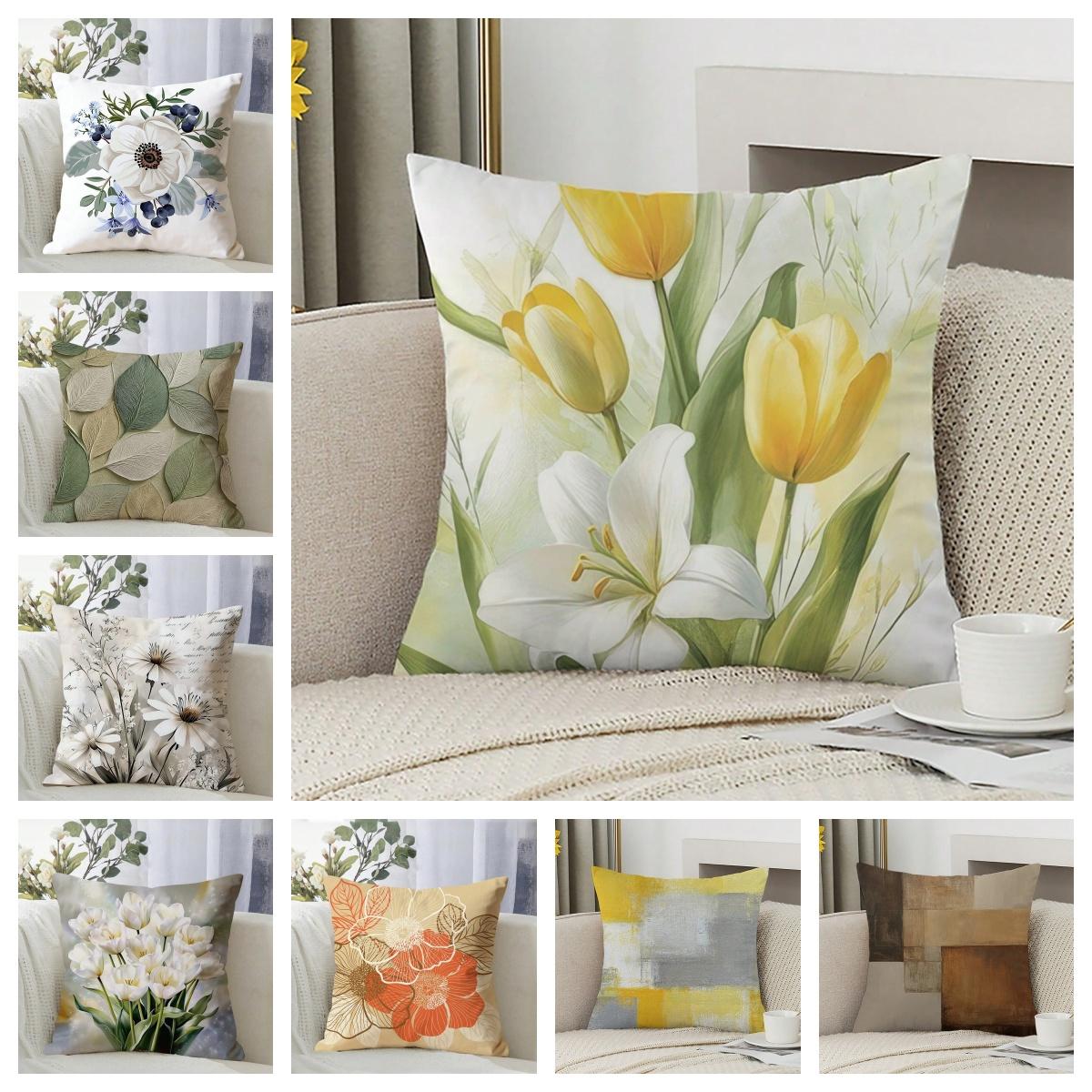 Panika Chen Unisex 1Pc Minimalist Botanical Pillow Cover, Polyester 2D Double-Sided Print, Soft Watercolor Tulip & Leaf Design, Neutral Scandinavia