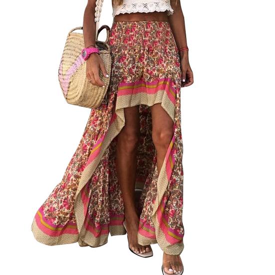 Kadın Maxi Etek Yüksek Bel Düzensiz Etek Çiçek Baskı Bohem Ön Kısa Arka Uzun Elastik Bel Patchwork Bayan Tatil Plaj Uzun Etek