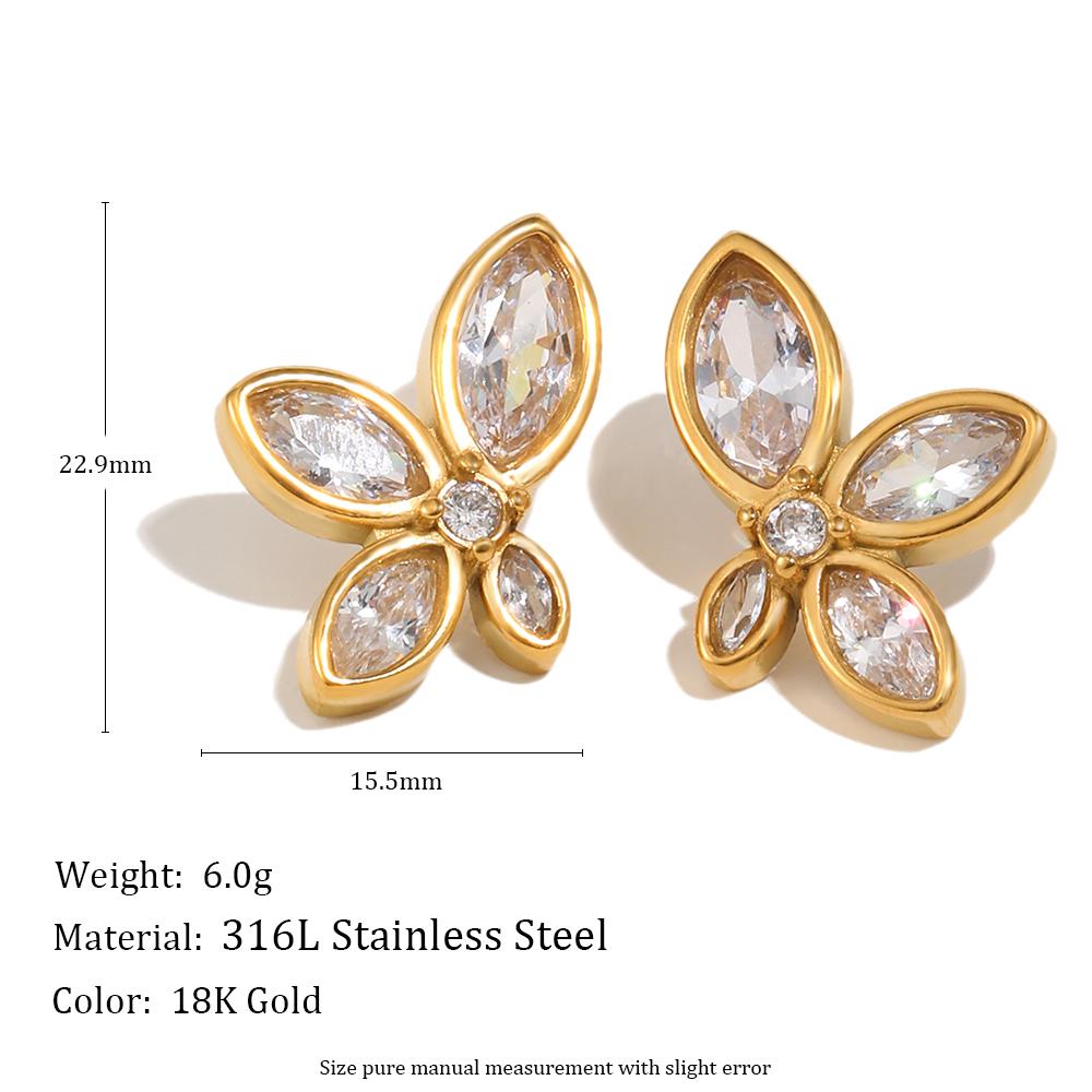 European and American Fashion Niche Geometric Personality Stainless Steel Plated with 18K Zircon Flower Earrings for Women