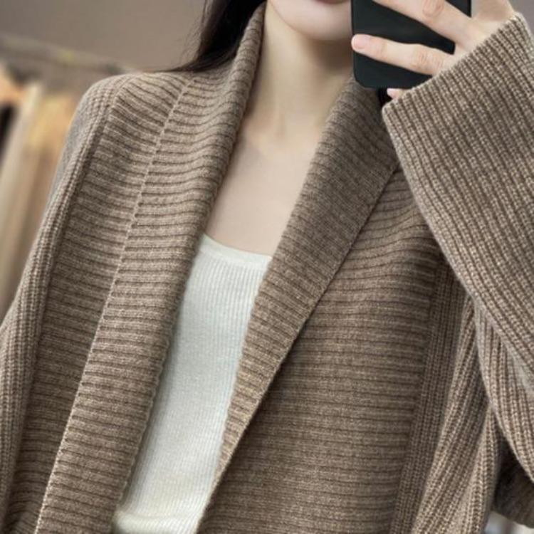 Loose Fit Mid Length Open Front Cardigan Sweater Coat for Women Lapel Long Sleeve Large Pockets Solid Color Outwear
