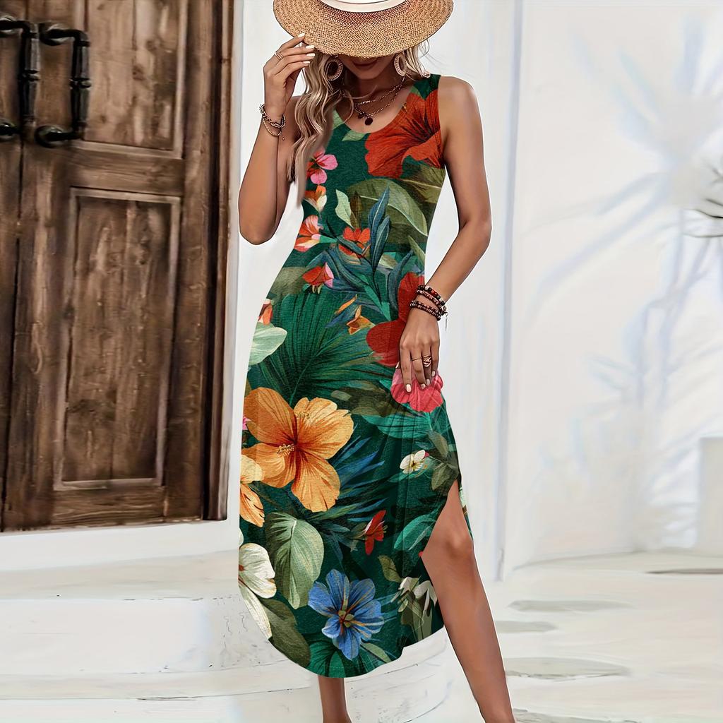 Women Sleeveless Long Dress Casual Loose Fit Hawaiian Print Maxi Dress Summer Beachwear Side Slit Sleeveless Sundress