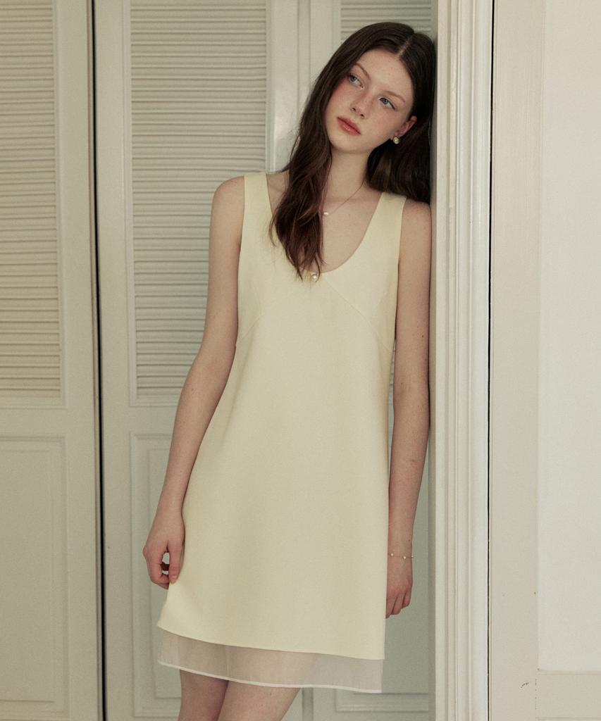 Adowl Deep V Neck Pearl Point Double Mini Dress - Cream