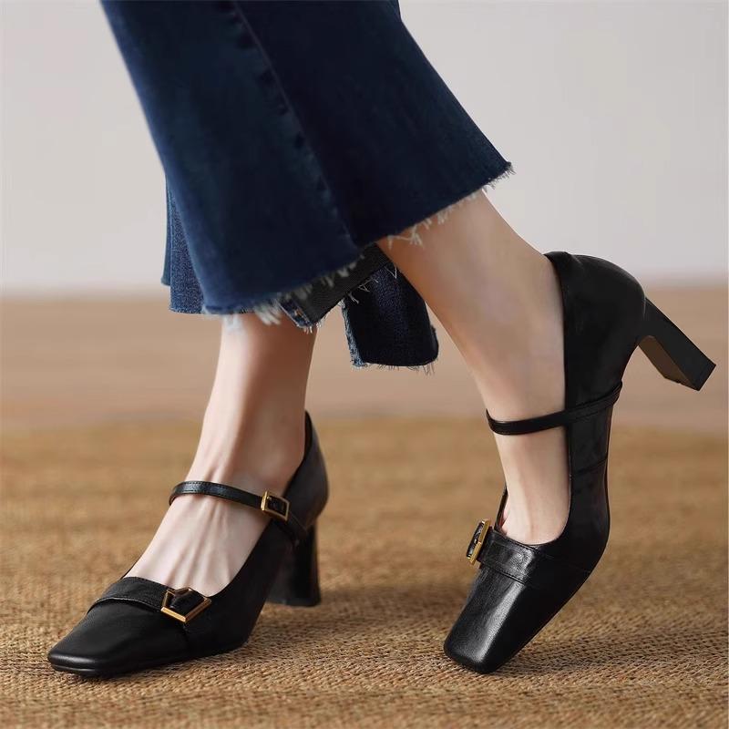 Fashion Metal Buckle Decoration Mary Jane Shoes Women Comfortable Leather High Heels Elegant Chunky Heel Women Pumps Zapatos De Mujer