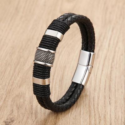 Men's Double Layer Titanium Steel & Genuine Leather Bracelet with Magnetic Buckle