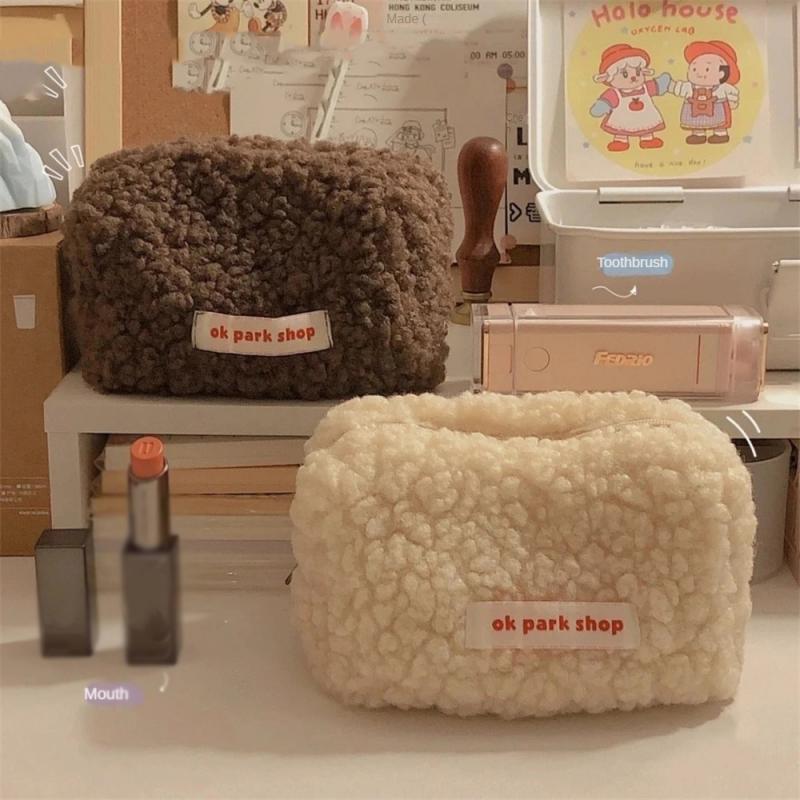 Pencil Case Lamb Hair Cosmetic Bag Plush Storage Cute Stationery Bag Large Capacity Travel Cosmetic Bag Makeup Organizer Storage
