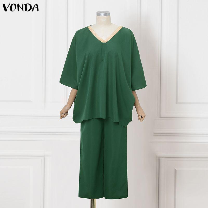 

VONDA 2PCS Women Batwing Sleeve Blouse and Pants Casual Oversized Two Picecs Sets M зелёный