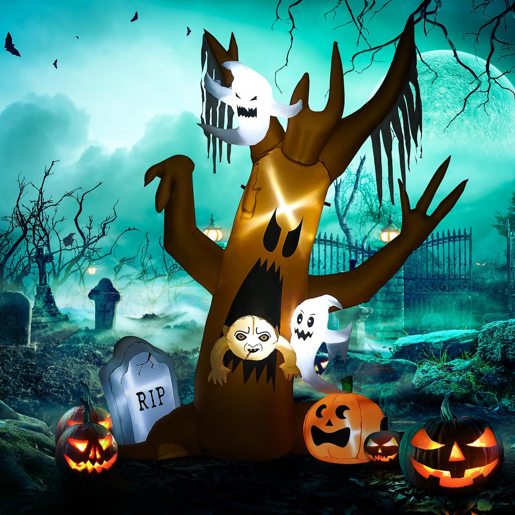 Halloween Decoration, 2.40m Tall Ghost Tree, Self-inflating, LED Lighting, for Outdoor Use