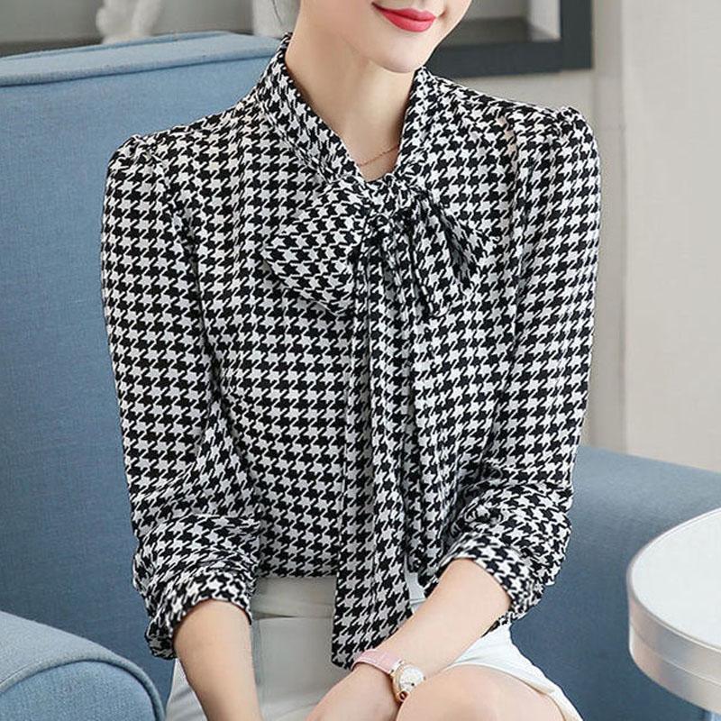 

Летняя мода 2023 Пуловеры с принтом «гусиная лапка» Элегантная винтажная блузка с рукавом 3/4 и воротником-шарфом, подходящая ко всему, Женская одежда XXL чёрный