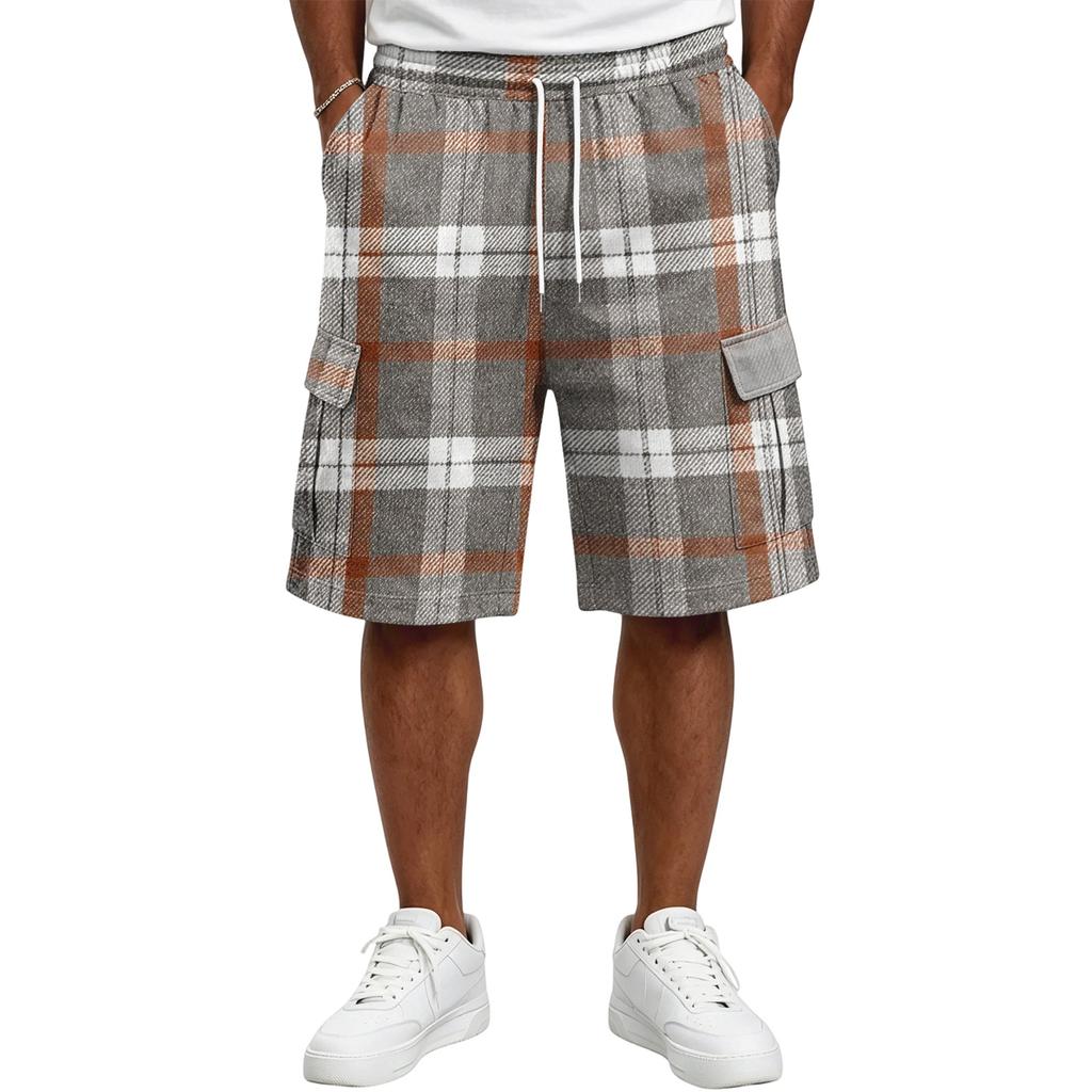 Herren Freizeit karierte Cargoshorts mit Kordelzug Lockerer Schnitt Leicht Atmungsaktiv Sommer Strandshorts mit mehreren Taschen für den Alltag