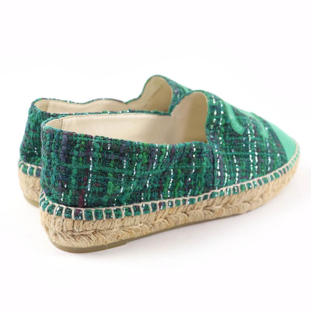 Excellent CHANEL Shoes COCO Mark Fabric Espadrilles Tweed Green Women 35 G29762 Used