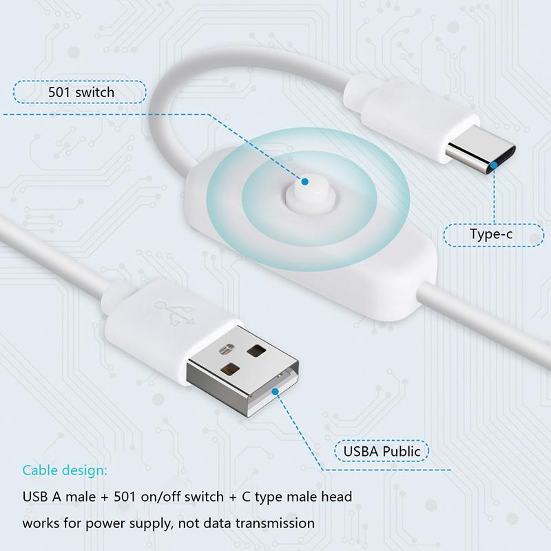 USB To Type C Switch Cable DC 5V 2A Power Supply Extension Power Wire White Black USB To Type C Button Switch Line For Lamp Fan