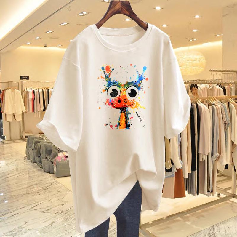 Women's Summer White Cotton Cartoon Print Short Sleeve T-Shirt