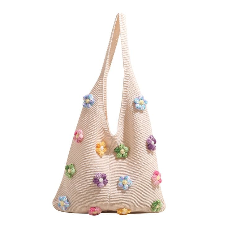 Beige Colorful Crocheted Flower Tote Bag