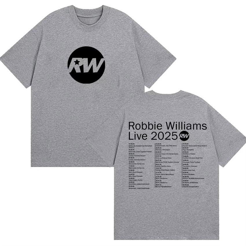 Robbie Williams Live Rw Tour 2025 Merch T Shirts Mens Vintage High Quality Cotton TShirt Man Hip Hop ONeck Clothing Tshirts S