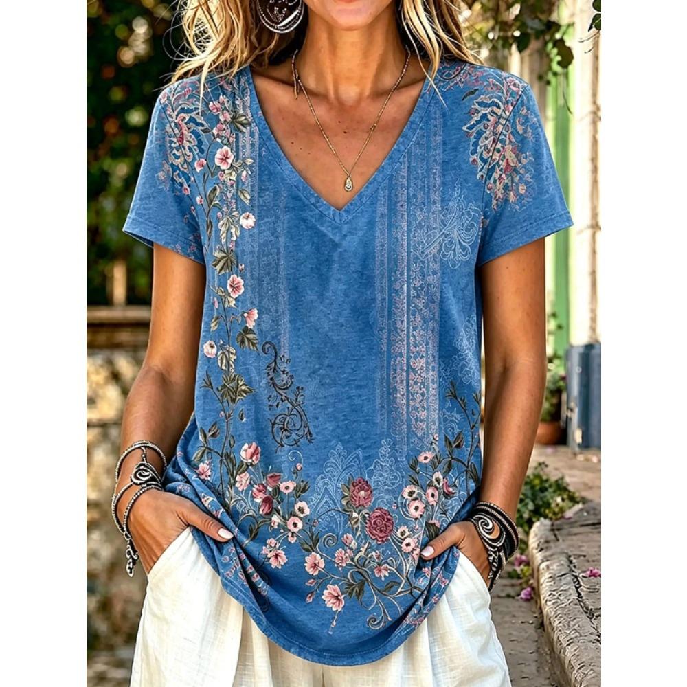 Camiseta de Verano para Mujer Estampado de Patrón Retro Manga Corta Camisetas Tops Impresos Casuales