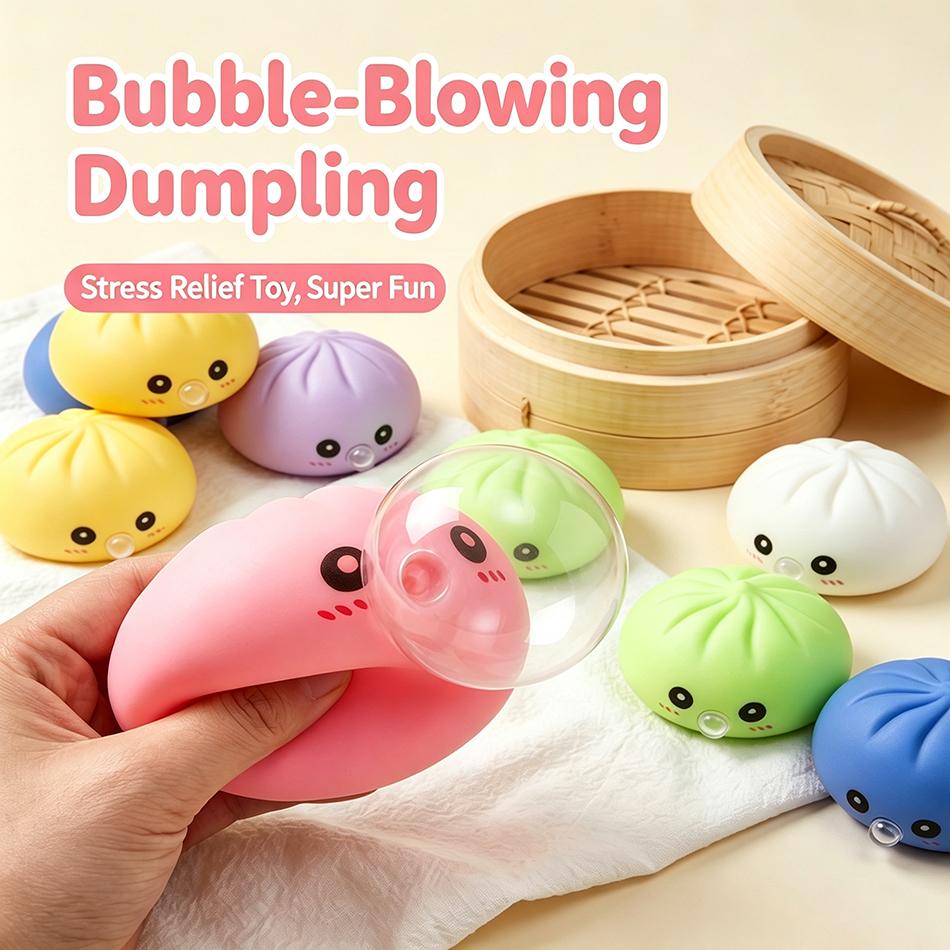 Bubble Blowing Dumpling Steamed Bun Squishy Vinyl Squeeze Fidget Sensory Toy Stress Relief Decompression Desk Decor Party Favors