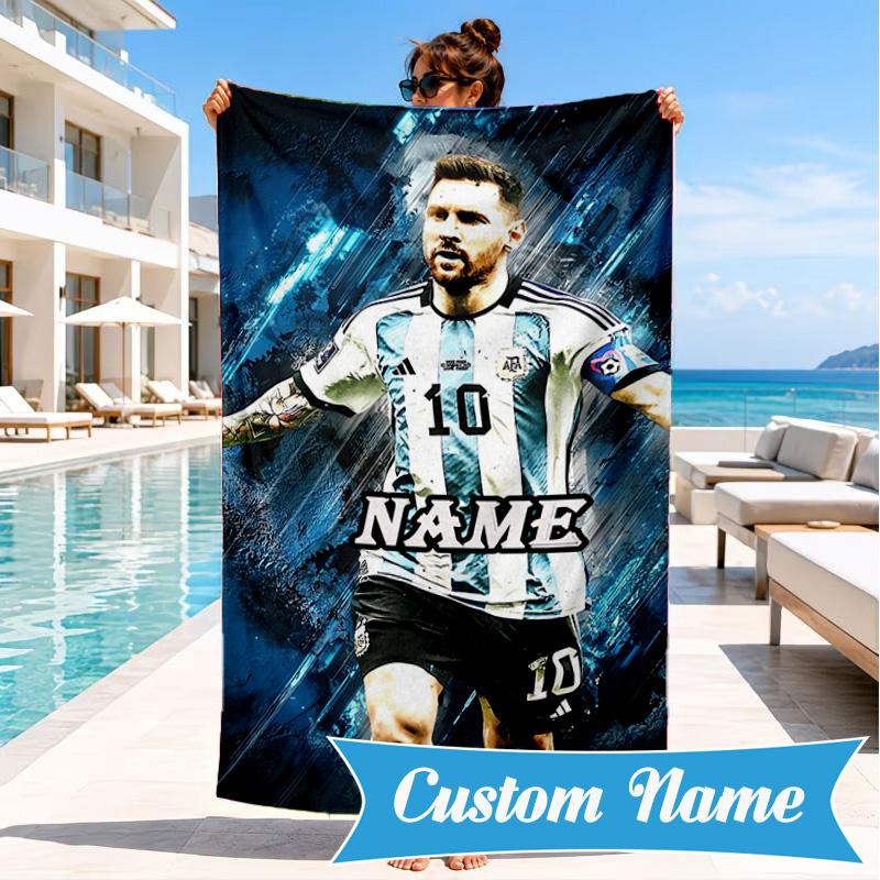 Custom Name Me-ssi football Beach Towel Microfiber Beach Towel, Lightweight and Quick-Dry, for Summer Travel, Swimming Pool Gift