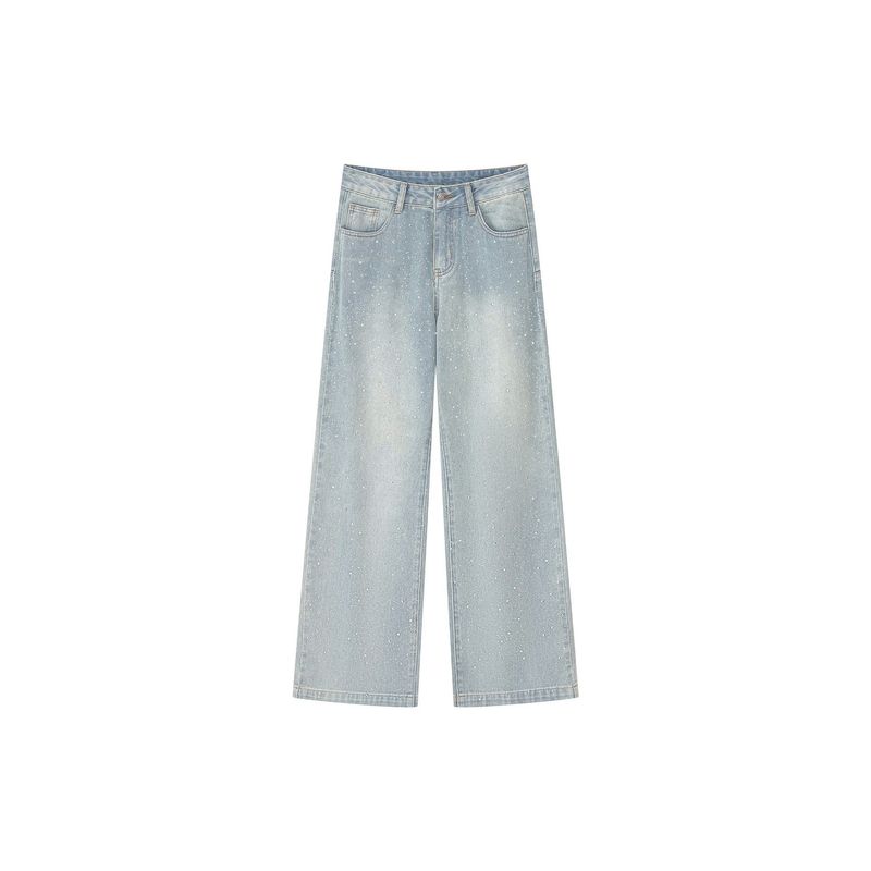 Blue Rhinestone Wide-Leg Jeans for Women, Summer New Style, High-Waisted Straight Pants for Plus-Size Girls with Pear-Shaped Body