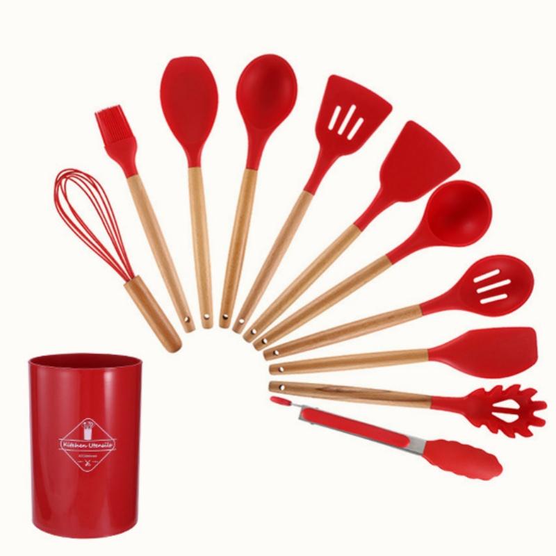 12Pcs Silicone Utensils Set Black Non-Stick Cookware Wooden Handle Spatula Shovel Egg Beaters Kitchenware Kitchen Accessories