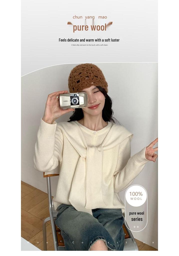 Women's 100% Wool Knit Cardigan Coat - Korean Style, Long Sleeve, Early Autumn Shawl