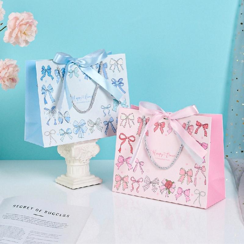 3pcs/pack Gift Paper Bags Pink Blue Bow Ribbon Handle Kraft Paper Party Present Packaging Bags for Birthday Wedding Baby Shower